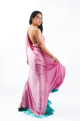 One Shoulder Silk Drape Jumpsuit with Feather Hem