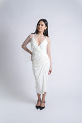 Custom V-Neck Drape Midi Dress with Sheer Embellished Bolero