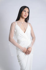 Custom V-Neck Drape Midi Dress with Sheer Embellished Bolero