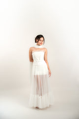 Drop Waist Sheer Skirt Overlay Strapless Gown