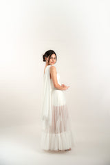 Drop Waist Sheer Skirt Overlay Strapless Gown