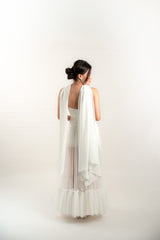 Drop Waist Sheer Skirt Overlay Strapless Gown