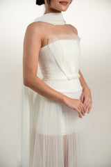 Drop Waist Sheer Skirt Overlay Strapless Gown