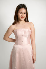 Custom Strapless Midi Dress with Pearl Emebellishments