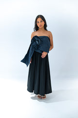 Denim Top with Large Flower Draping Detail