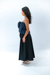 Denim Top with Large Flower Draping Detail