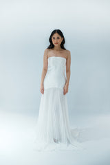 White Pleated Strapless Gown