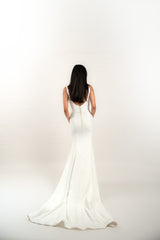 Low Back Fitted Curved Neckline Wedding Dress
