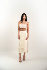Pearl Embellished Backless Tie Top and Fringe Midi Skirt Set