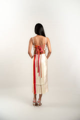 Pearl Embellished Backless Tie Top and Fringe Midi Skirt Set