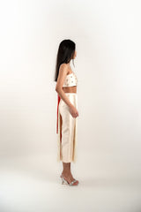 Pearl Embellished Backless Tie Top and Fringe Midi Skirt Set