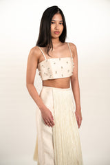 Pearl Embellished Backless Tie Top and Fringe Midi Skirt Set