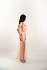 Strapless Gown with Chiffon Draping and Floral Appliques