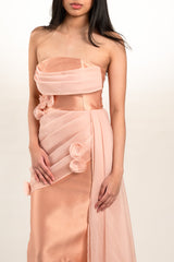 Strapless Gown with Chiffon Draping and Floral Appliques