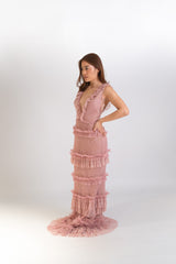 Tiered Mesh V-Neck Gown
