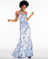 Allover-Embroidered Halter Gown