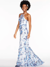 Allover-Embroidered Halter Gown