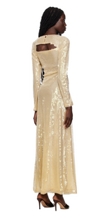 Long-sleeve sequined champagne dress full length