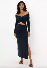 Fitted Off Shoulder Midi Dress with Torso Cut-out