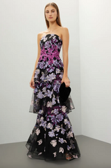 Floral Strapless Tiered Embroidered Gown