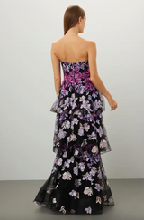 Floral Strapless Tiered Embroidered Gown