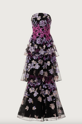Floral Strapless Tiered Embroidered Gown