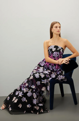 Floral Strapless Tiered Embroidered Gown