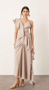 Textured Asymmetric Ruffle Maxi Dress in Stripe Print