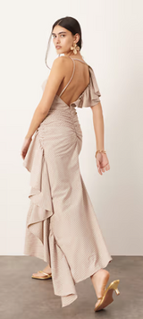 Textured Asymmetric Ruffle Maxi Dress in Stripe Print