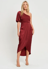 One Shoulder Puff Sleeve Midi Dress