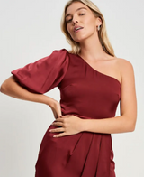One Shoulder Puff Sleeve Midi Dress