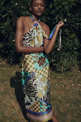 Patchwork Halter Midi Dress Multiprint