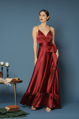 Bow Satin Maxi Dress with Thigh High Slit