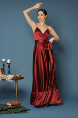 Bow Satin Maxi Dress with Thigh High Slit