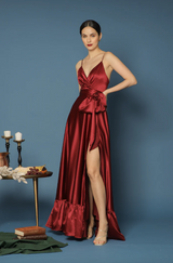 Bow Satin Maxi Dress with Thigh High Slit