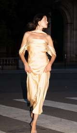 Satin Off Shoulder Gown with Scarf