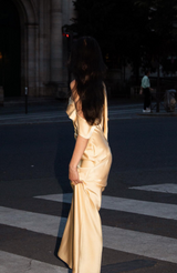 Satin Off Shoulder Gown with Scarf