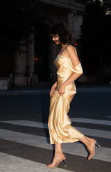 Satin Off Shoulder Gown with Scarf