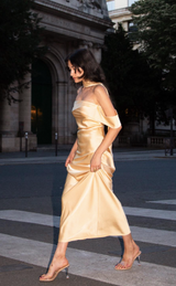 Satin Off Shoulder Gown with Scarf