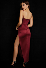 Wine Satin Pleated Corset Midi Dress