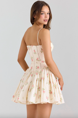 Cream Rose Print Stretch Cotton Mini Sundress