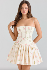 Cream Rose Print Stretch Cotton Mini Sundress