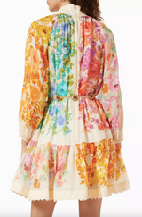 Multi-Floral Print Long Sleeve Buttoned Mini Dress