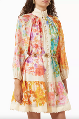 Multi-Floral Print Long Sleeve Buttoned Mini Dress