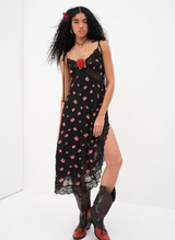 Rose Satin Lace Midi Dress