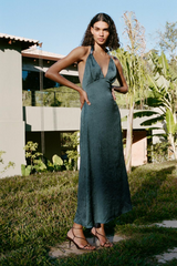 Wrinkled Satin Effect Halter Dress