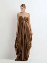 Strapless Draped Satin Gown with Metal Accent