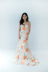 Watercolor Strapless Satin Gown