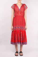 Red Silk Neela Midi Dress Boho