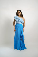 One Shoulder Ruffle Top and Ruffle Skirt with Slit Set